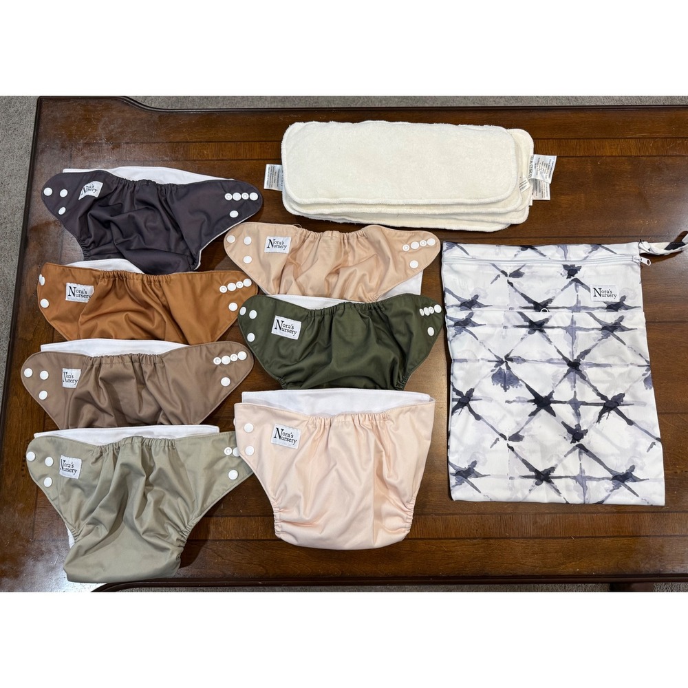Nora's Nursery Cloth Diaper Set 7 Pocket Diapers 6 Bamboo Inserts Wet Bag